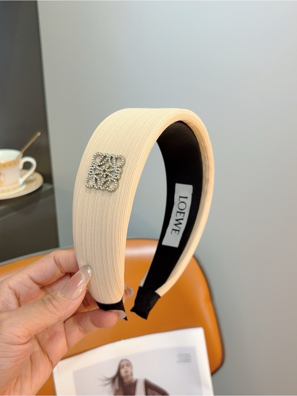 Loewe Cream Padded Headband with Crystal Logo Accent